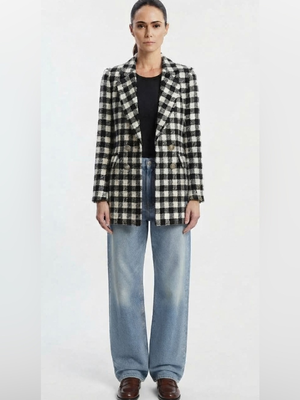 River Island Black & White Gingham Check Tweed Blazer Jacket Size US 10 / UK 14